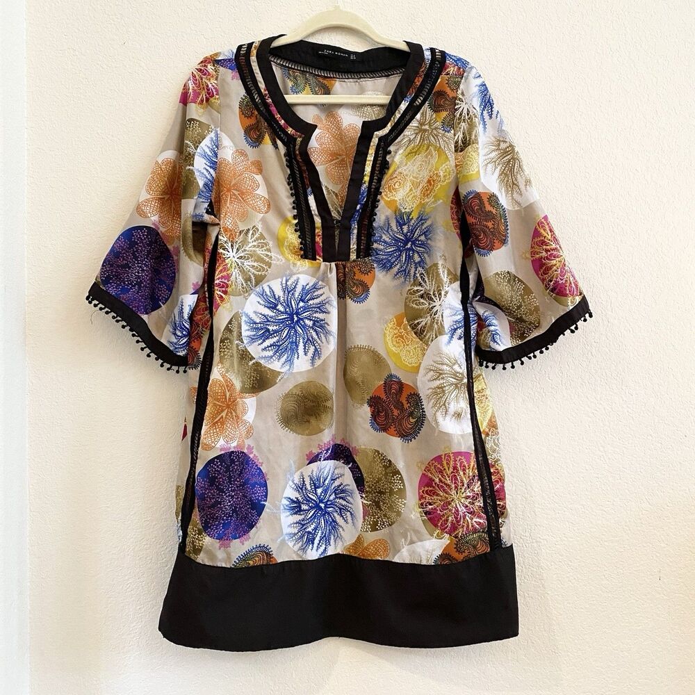 Zara Woman Kaftan Multicolor Paisley Tribal‎ Print Tunic Dress Sz S Boho